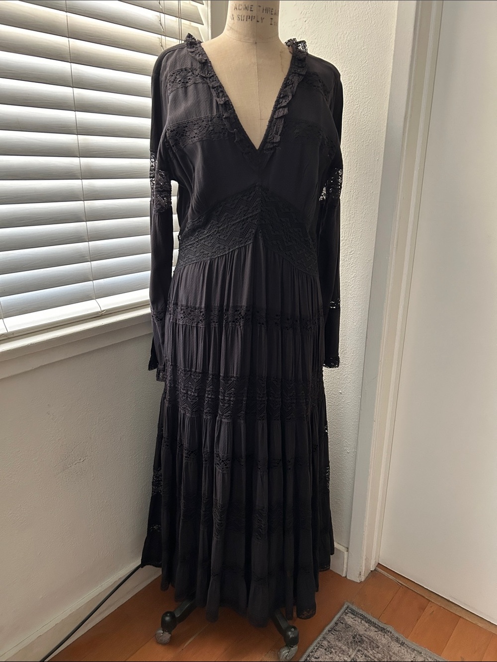 Flower That Girl Black Long Sleeve Lace V-Neck Maxi Dress - Anthropologie